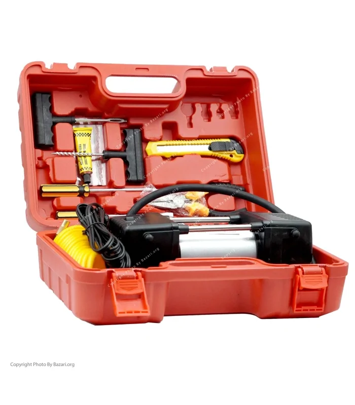 پکیج کمپرسور پمپ باد انالوگ توربو - Turboبه همراه لوازم پنچر گیری مدل CY102-7E